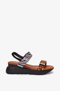 New Sandały Damskie Na Koturnie Panterka I Zebra Brązowe Monera Damskie Sandały Na Koturnie