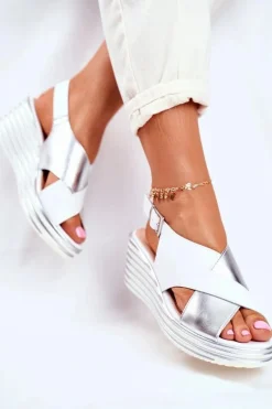 Sale Sandały Damskie Na Koturnie Sergio Leone Białe SK328 Damskie Sandały Na Koturnie