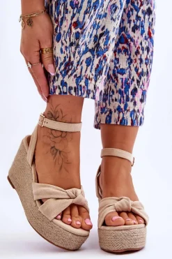 Boto Sandały Damskie Na Koturnie Beżowe Kendall