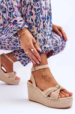 Boto Sandały Damskie Na Koturnie Beżowe Kendall