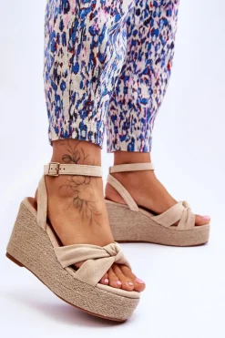 Boto Sandały Damskie Na Koturnie Beżowe Kendall