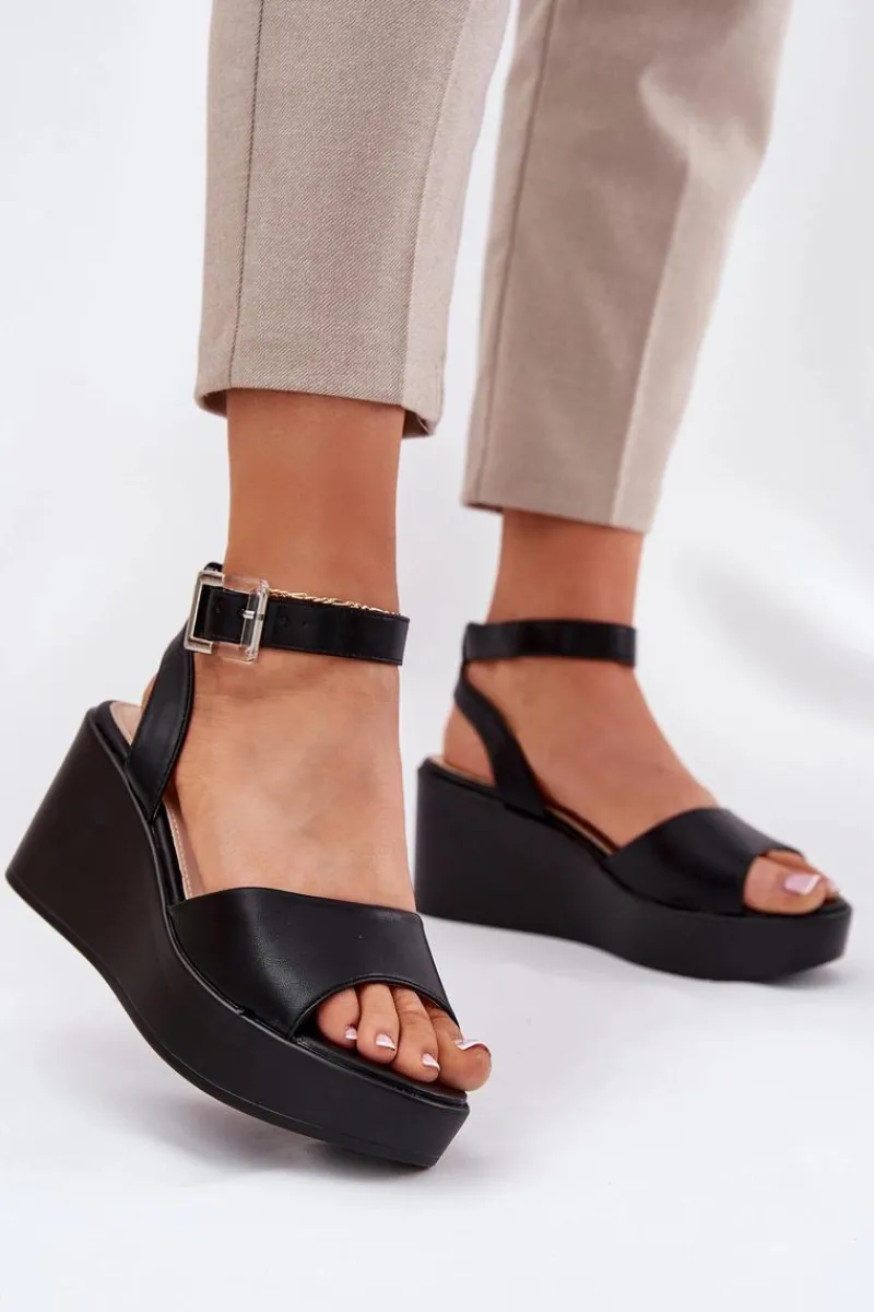 New Sandały Damskie Na Koturnie Czarne Efrina Damskie Sandały Na Koturnie