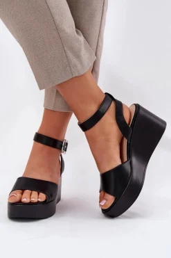 New Sandały Damskie Na Koturnie Czarne Efrina Damskie Sandały Na Koturnie
