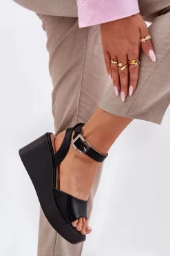 New Sandały Damskie Na Koturnie Czarne Efrina Damskie Sandały Na Koturnie