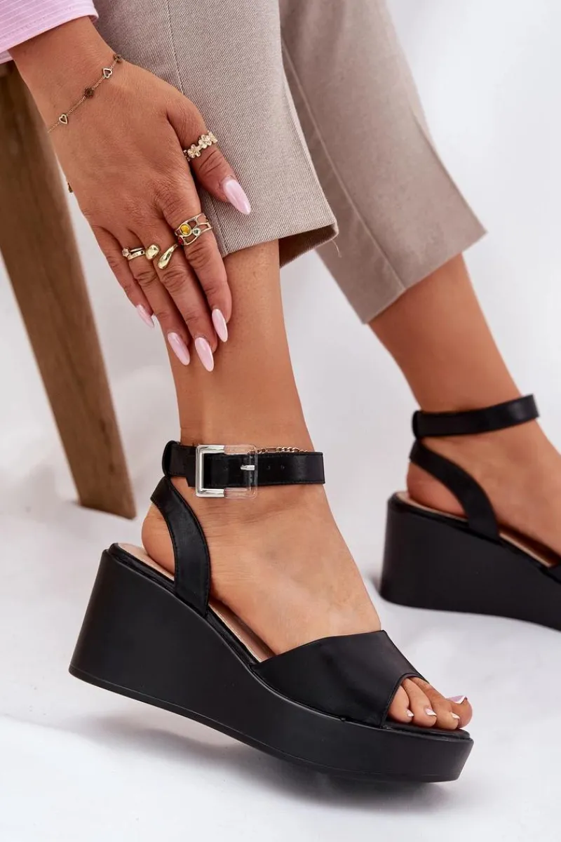 New Sandały Damskie Na Koturnie Czarne Efrina Damskie Sandały Na Koturnie