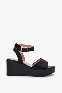 New Sandały Damskie Na Koturnie Czarne Efrina Damskie Sandały Na Koturnie