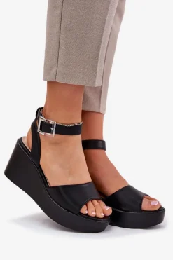 New Sandały Damskie Na Koturnie Czarne Efrina Damskie Sandały Na Koturnie