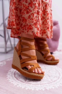 Sandały Na Koturnie>Boto Sandały Damskie Na Koturnie Sznurek Camel Liluena