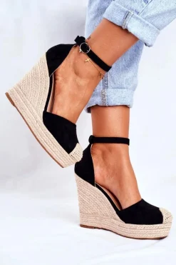 New Sandały Damskie Na Koturnie Lniane Czarne Avocado Damskie Sandały Na Koturnie