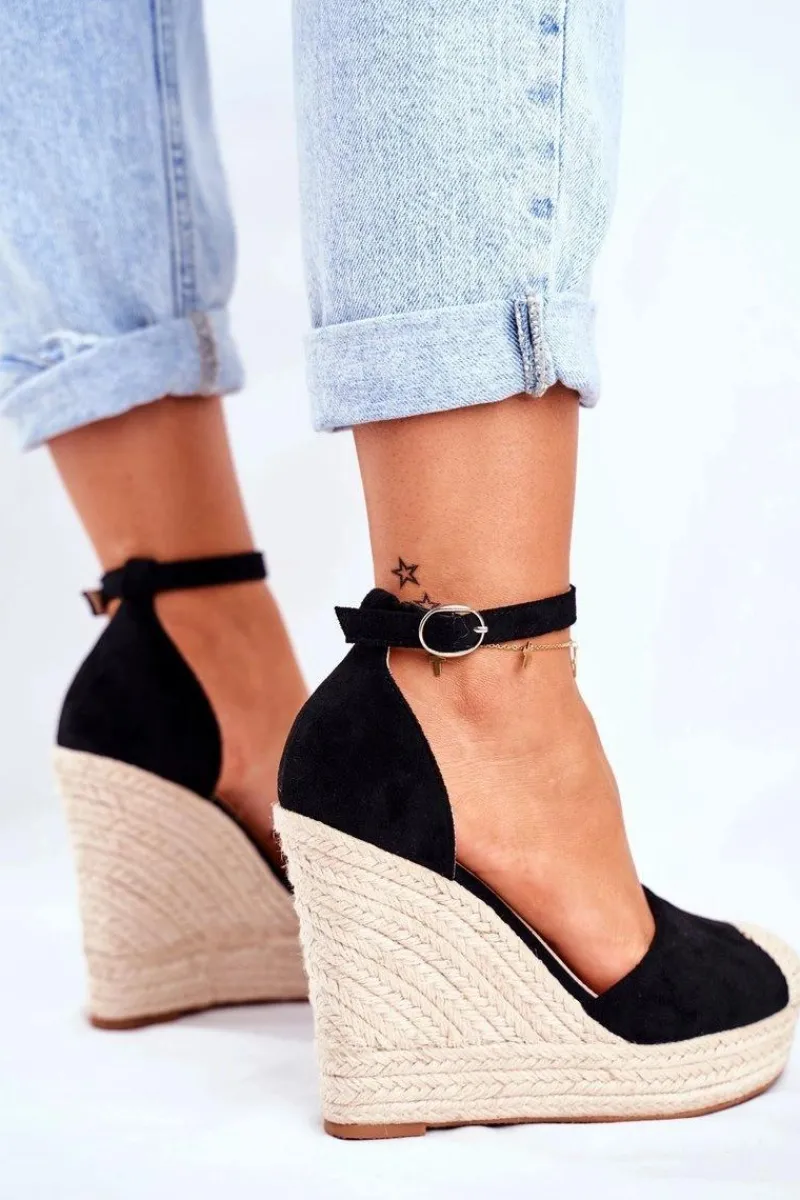 New Sandały Damskie Na Koturnie Lniane Czarne Avocado Damskie Sandały Na Koturnie