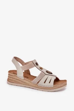 Sandały Na Koturnie></noscript>INBLU Sandały Damskie Na Koturnie Z Ozdobami RV000015 Jasnobeżowe Beżowy