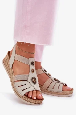 Sandały Na Koturnie></noscript>INBLU Sandały Damskie Na Koturnie Z Ozdobami RV000015 Jasnobeżowe Beżowy