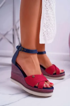 Boto Sandały Damskie Na Koturnie Jeans Czerwone DoThis!