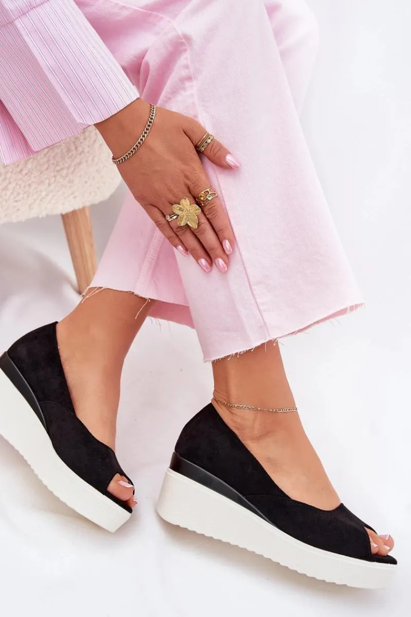 Outlet Sandały Damskie Na Koturnie Z Eko Zamszu Czarne Velira Damskie Sandały Na Koturnie