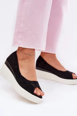 Outlet Sandały Damskie Na Koturnie Z Eko Zamszu Czarne Velira Damskie Sandały Na Koturnie