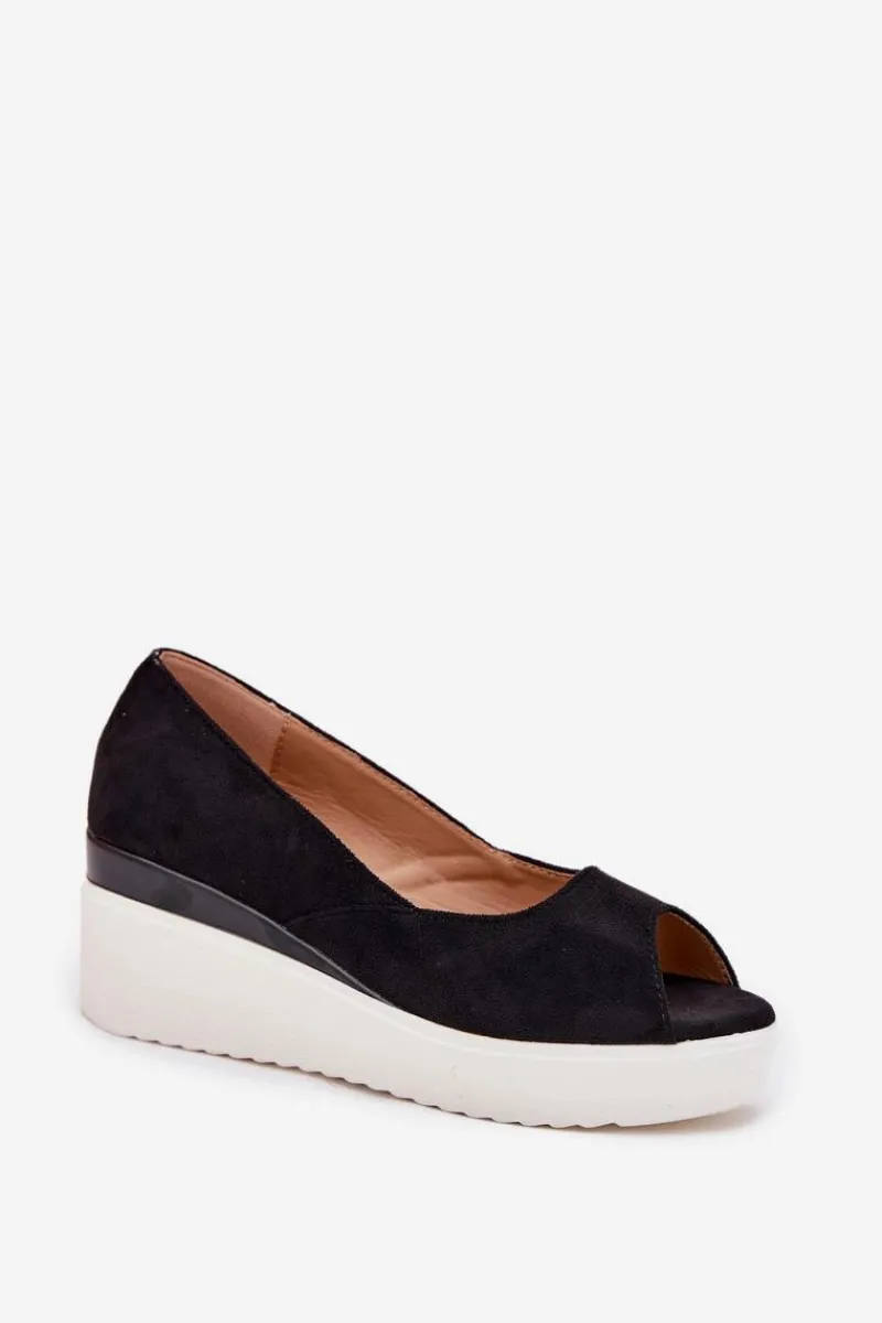 Outlet Sandały Damskie Na Koturnie Z Eko Zamszu Czarne Velira Damskie Sandały Na Koturnie