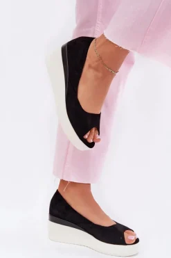 Outlet Sandały Damskie Na Koturnie Z Eko Zamszu Czarne Velira Damskie Sandały Na Koturnie