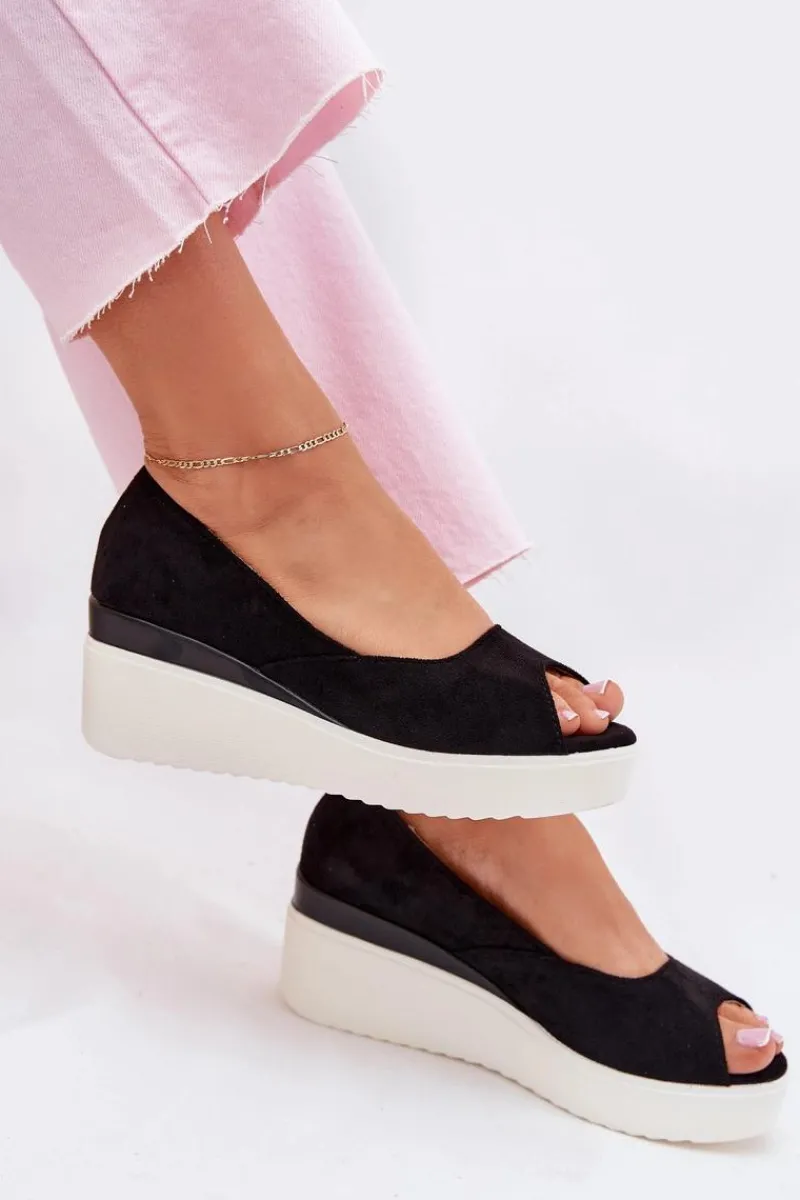 Outlet Sandały Damskie Na Koturnie Z Eko Zamszu Czarne Velira Damskie Sandały Na Koturnie