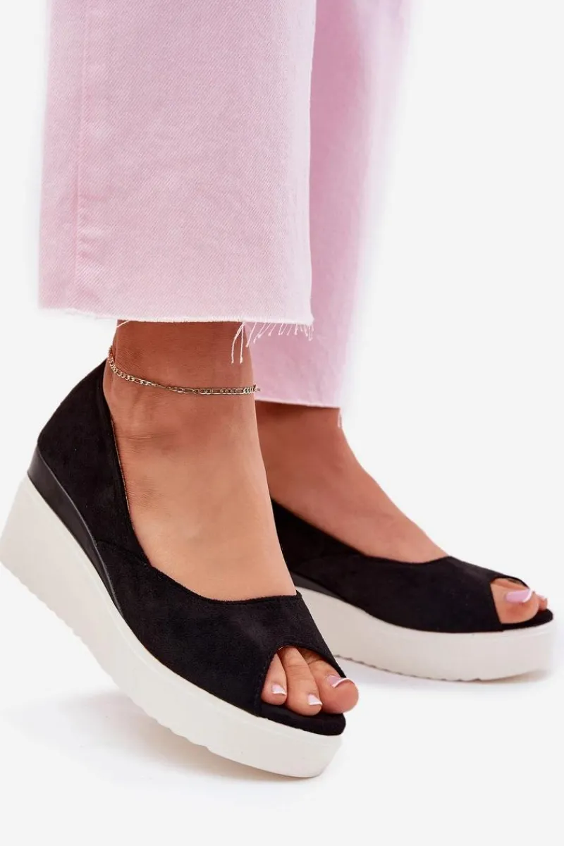 Outlet Sandały Damskie Na Koturnie Z Eko Zamszu Czarne Velira Damskie Sandały Na Koturnie