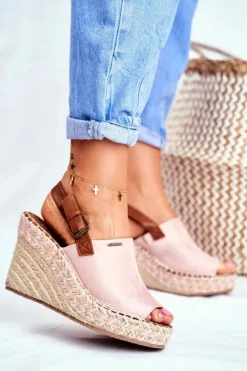 Clearance Sandały Damskie Na Koturnie Big Star Różowe FF274984 Damskie Sandały Big Star|Sandały Na Koturnie