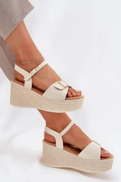 Online Sandały Damskie Na Koturnie Z Klamrą Beżowe Liniella Damskie Sandały Na Koturnie
