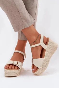 Online Sandały Damskie Na Koturnie Z Klamrą Beżowe Liniella Damskie Sandały Na Koturnie