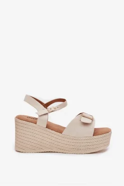 Online Sandały Damskie Na Koturnie Z Klamrą Beżowe Liniella Damskie Sandały Na Koturnie