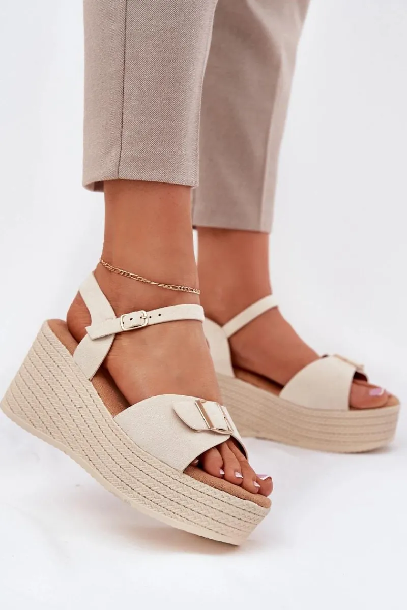 Online Sandały Damskie Na Koturnie Z Klamrą Beżowe Liniella Damskie Sandały Na Koturnie