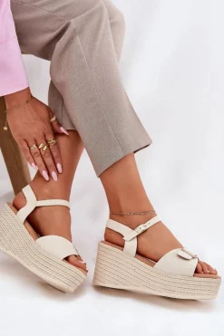 Online Sandały Damskie Na Koturnie Z Klamrą Beżowe Liniella Damskie Sandały Na Koturnie