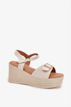 Online Sandały Damskie Na Koturnie Z Klamrą Beżowe Liniella Damskie Sandały Na Koturnie