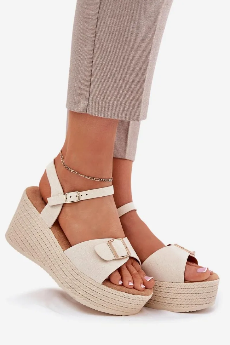 Online Sandały Damskie Na Koturnie Z Klamrą Beżowe Liniella Damskie Sandały Na Koturnie