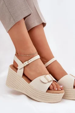 Online Sandały Damskie Na Koturnie Z Klamrą Beżowe Liniella Damskie Sandały Na Koturnie