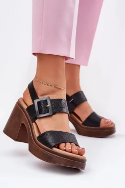 Sandały Damskie Na Masywnym Obcasie I Platformie Vinceza 17387 Czarne Damskie Sandały Na Obcasie