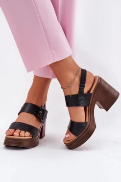 Sandały Damskie Na Masywnym Obcasie I Platformie Vinceza 17387 Czarne Damskie Sandały Na Obcasie