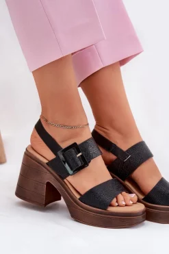 Sandały Damskie Na Masywnym Obcasie I Platformie Vinceza 17387 Czarne Damskie Sandały Na Obcasie
