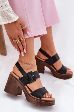 Sandały Damskie Na Masywnym Obcasie I Platformie Vinceza 17387 Czarne Damskie Sandały Na Obcasie