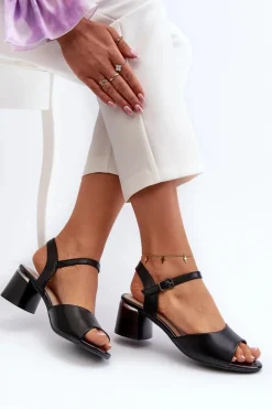 Best Buty Sergio Leone Sandały Damskie Na Niskim Obcasie Eko Skórzane Sergio Leone SK876 Czarne Czarny