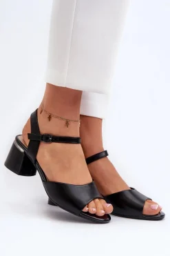 Best Buty Sergio Leone Sandały Damskie Na Niskim Obcasie Eko Skórzane Sergio Leone SK876 Czarne Czarny