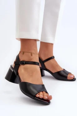 Best Buty Sergio Leone Sandały Damskie Na Niskim Obcasie Eko Skórzane Sergio Leone SK876 Czarne Czarny