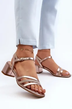 Best Buty Sergio Leone Sandały Damskie Na Niskim Obcasie Z Eko Skóry Sergio Leone SK046 Różowe Złoto Złoty