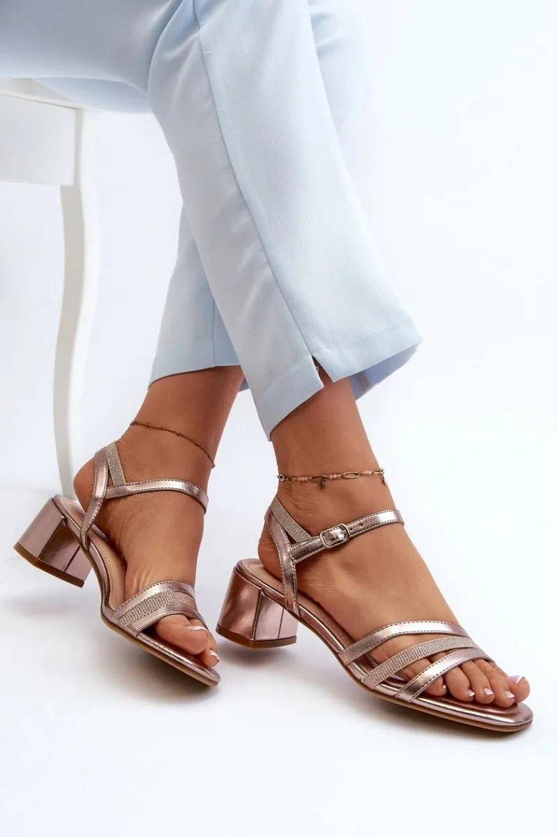 Best Buty Sergio Leone Sandały Damskie Na Niskim Obcasie Z Eko Skóry Sergio Leone SK046 Różowe Złoto Złoty