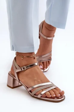 Best Buty Sergio Leone Sandały Damskie Na Niskim Obcasie Z Eko Skóry Sergio Leone SK046 Różowe Złoto Złoty