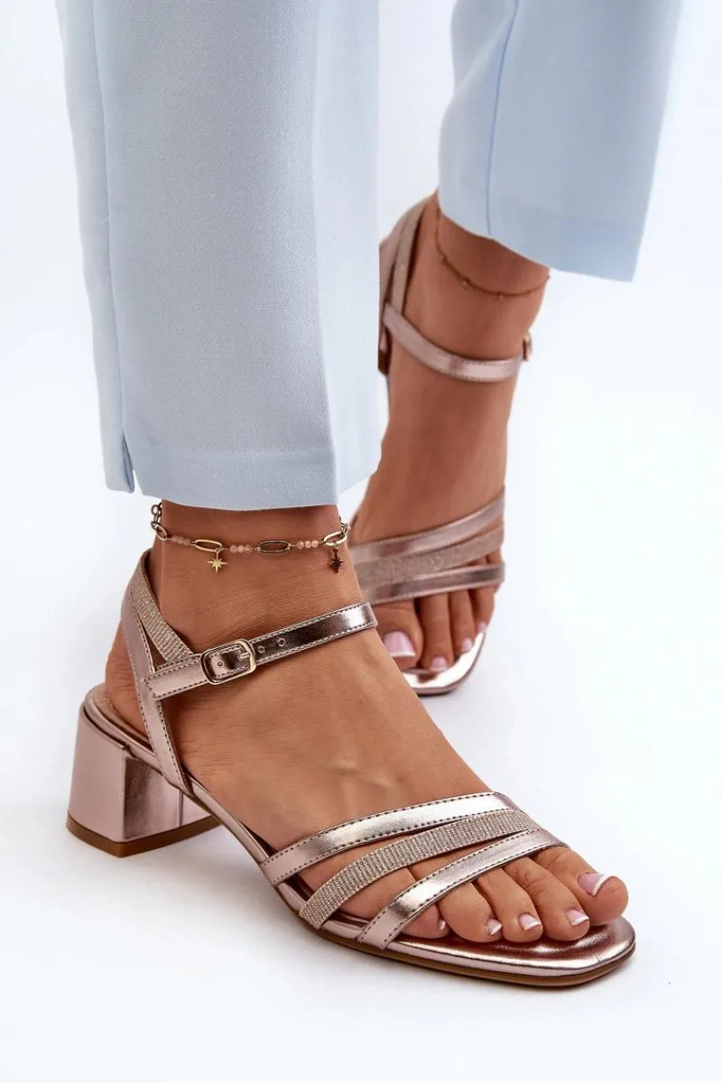 Best Buty Sergio Leone Sandały Damskie Na Niskim Obcasie Z Eko Skóry Sergio Leone SK046 Różowe Złoto Złoty