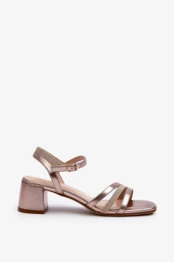 Best Buty Sergio Leone Sandały Damskie Na Niskim Obcasie Z Eko Skóry Sergio Leone SK046 Różowe Złoto Złoty