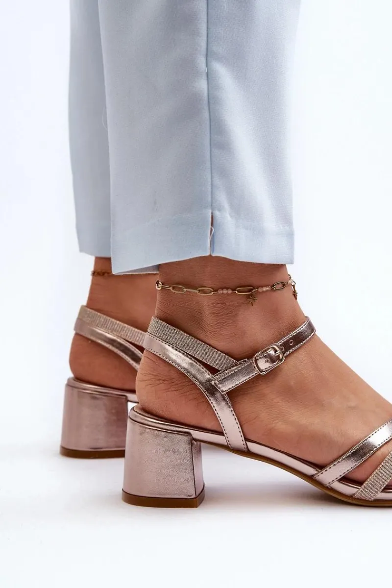 Best Buty Sergio Leone Sandały Damskie Na Niskim Obcasie Z Eko Skóry Sergio Leone SK046 Różowe Złoto Złoty