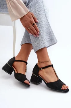 New Buty damskie Vinceza Sandały Damskie Na Obcasie Klocku Z Ozdobnym Paskiem Eko Zamszowe Czarne Obivena