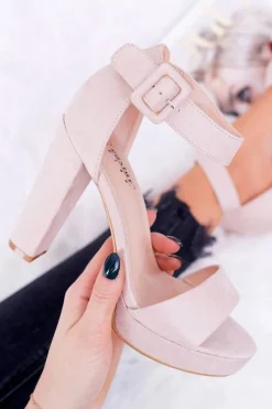 Sandały Na Obcasie>Boto Sandały Damskie Na Obcasie Słupku Zamsz Beżowe ShakeUp