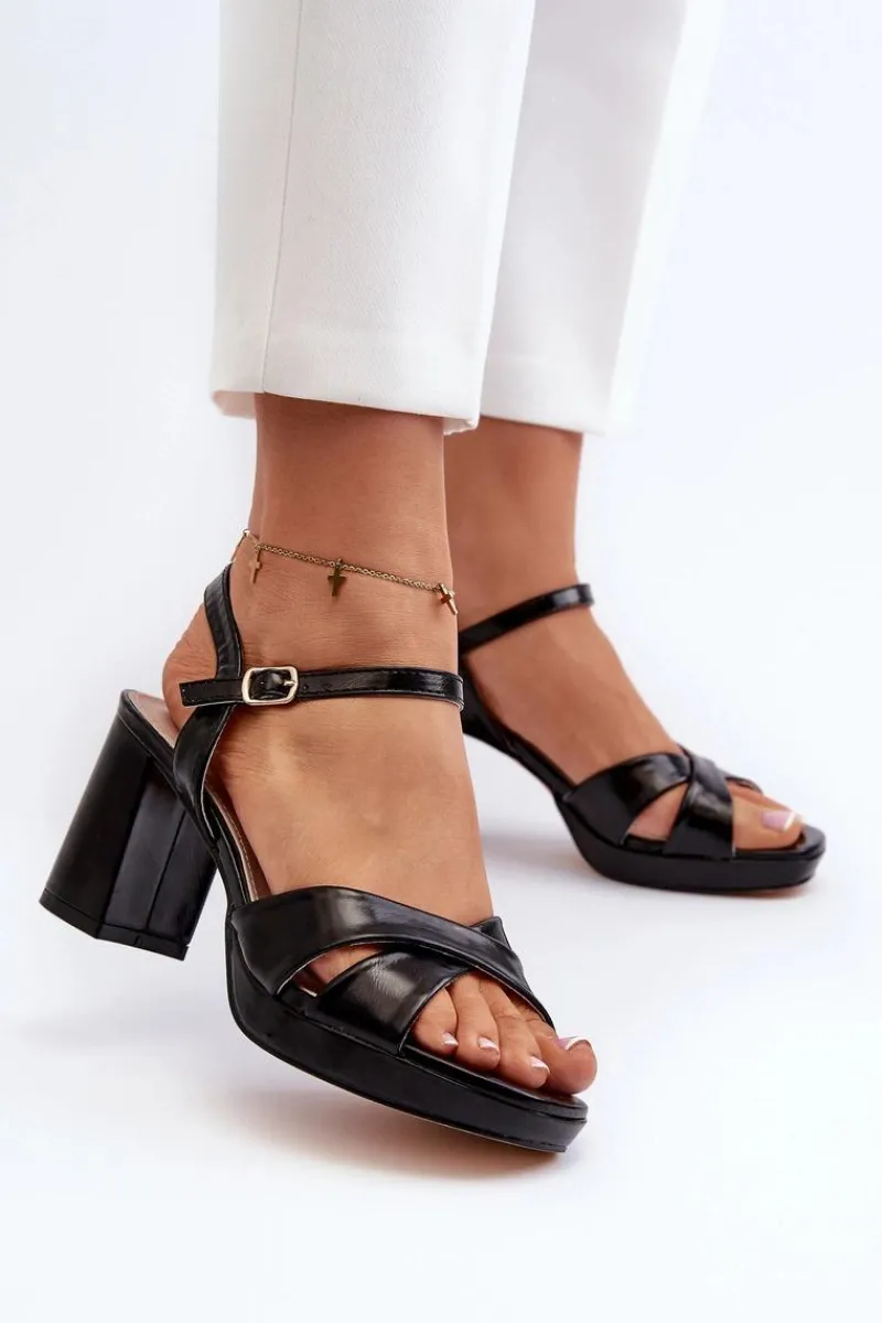 Sandały Na Słupku|Sandały Na Obcasie>Evento Sandały Damskie Na Obcasie Słupku Eko Skórzane Czarne Jatine Czarny