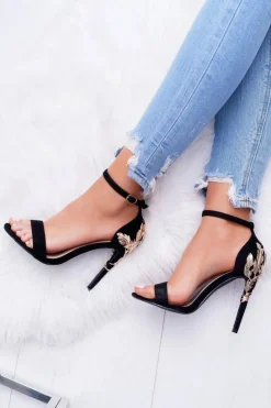 Sandały Na Obcasie>Boto Sandały Damskie Na Obcasie Czarne Złoty Liść Antem