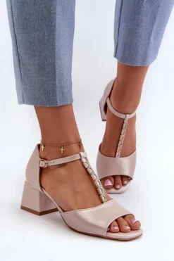 Hot Buty damskie Vinceza Sandały Damskie Na Obcasie Klocku Z Ozdobnym Paskiem Eko Skórzane Złote Obivena